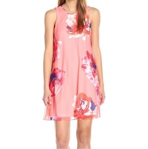NWOT Calvin Klein Pink Coral Floral Sleeveless Chiffon Trapeze Dress 10 Event